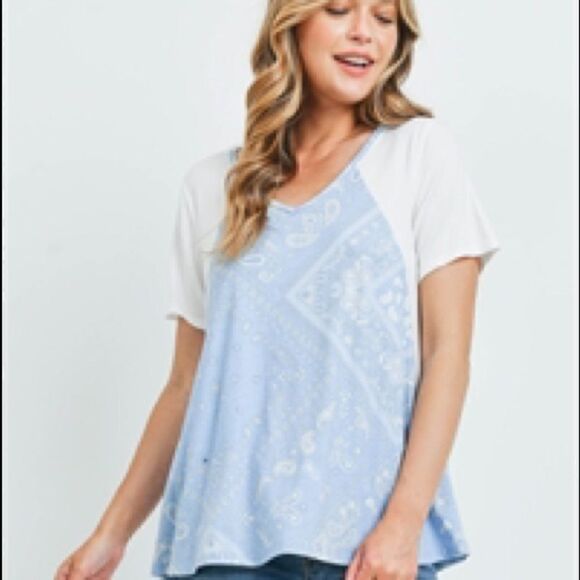 Solid Sleeve V-Neck Paisley Light Blue-Ivory Shirt - Picture 1 of 7